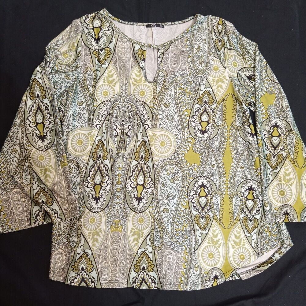 Lily Womens Green Floral Long Sleeve Stretch Pullover Tunic Top Size 3XL Boho